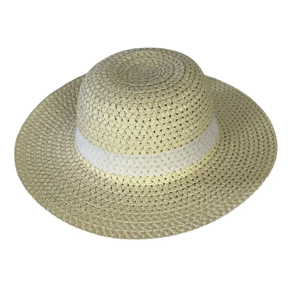 Straw Sun Garden Beach Hat Floppy Wide Brim White Ribbon Neutral Yellow Women OS - Picture 5 of 16